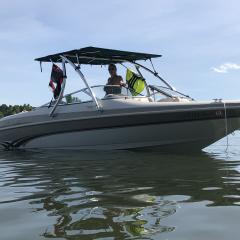 Big Air Ice tower and Super Shadow Bimini - 1997 Larson LXI 226 - Polished Aluminum - wakeboard tower (1)
