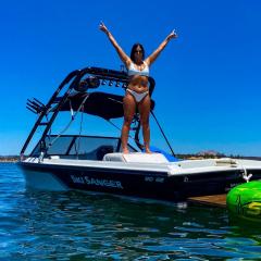 Big Air Cuda tower and Big Air Collapsible Bimini- 1993 Ski Sanger 20 SE - Black Aluminum - wakeboard tower